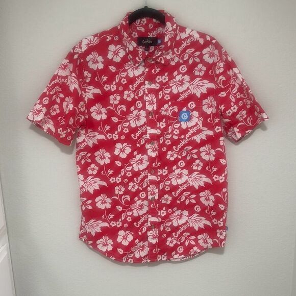 Cookies Mens‎ Red Collared Short Sleeve Cotton Hawaiian Button Up Shirt Large - Picture 1 of 7